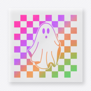 Rainbow Ghost Checkerboard Halloween DTF transfer featuring a pastel ghost over a rainbow checkerboard background