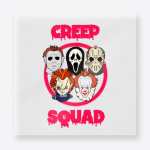 Creep Squad Halloween DTF transfer featuring the phrase Creep Squad with a lineup of masked horror-inspired faces in neon colors