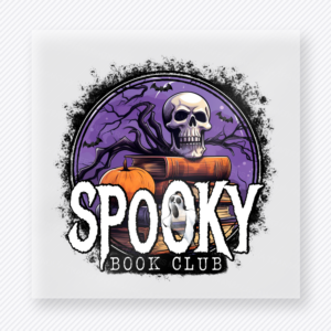 Spooky Book Club Halloween DTF transfer featuring the phrase Spooky Book Club with a skull, pumpkin, and moody purple haunted scene