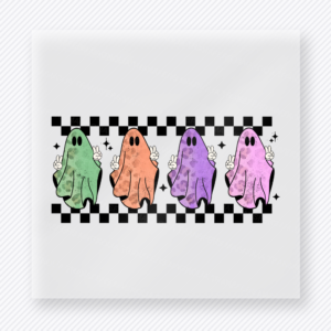 Pastel Ghost Lineup Halloween DTF transfer featuring a lineup of pastel ghosts with checkerboard Halloween styling