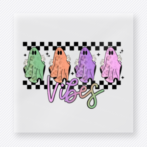 Ghost Vibes Halloween DTF transfer featuring a lineup of pastel ghosts with the word Vibes in playful script