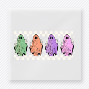 Pastel Ghost Lineup Halloween DTF transfer featuring a lineup of pastel ghosts in a soft checkerboard Halloween palette