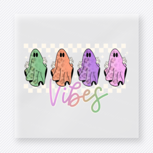 Ghost Vibes Halloween DTF transfer featuring a lineup of pastel ghosts with the word Vibes in playful script