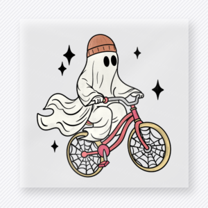 Ghost Rider Bicycle Halloween DTF transfer featuring a ghost riding a pink bicycle with sparkly vintage charm