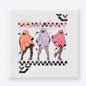 Ghoul Gang Halloween DTF transfer featuring the phrase Ghoul Gang with three dancing ghosts and checkerboard accents