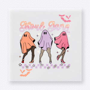 Ghoul Gang Halloween DTF transfer featuring the phrase Ghoul Gang with three dancing ghosts and soft pastel Halloween details