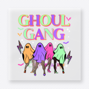 Ghoul Gang Halloween DTF transfer featuring the phrase Ghoul Gang with a colorful dancing ghost lineup and neon accents
