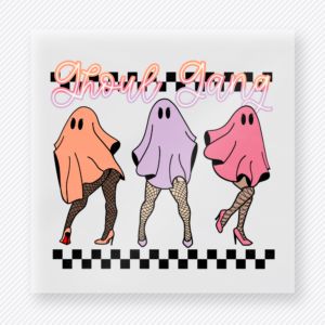 Ghoul Gang Halloween DTF transfer featuring the phrase Ghoul Gang with three dancing ghosts and checkerboard accents