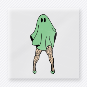Fishnet Ghost Legs Halloween DTF transfer featuring a playful ghost-leg design with fishnets and a mint green sheet silhouette