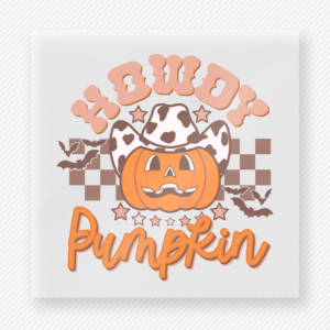 Howdy Pumpkin Halloween DTF transfer featuring the phrase Howdy Pumpkin with a western jack-o-lantern and checker details