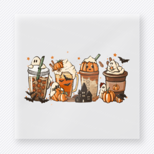 Fall Drink Trio Halloween DTF transfer featuring three cozy fall drinks with pumpkins and little haunted house accents