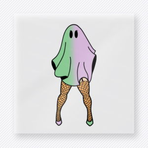 Fishnet Ghost Legs Halloween DTF transfer featuring a playful ghost-leg design with fishnets and a soft pastel sheet silhouette