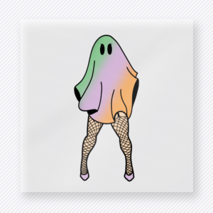 Fishnet Ghost Legs Halloween DTF transfer featuring a playful ghost-leg design with fishnets and a pastel multicolor sheet silhouette