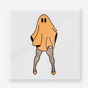 Fishnet Ghost Legs Halloween DTF transfer featuring a playful ghost-leg design with fishnets and a warm orange sheet silhouette