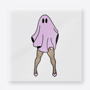 Fishnet Ghost Legs Halloween DTF transfer featuring a playful ghost-leg design with fishnets and a lavender sheet silhouette