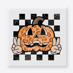 Peace Sign Pumpkin Halloween DTF transfer featuring a leopard-print jack-o-lantern making peace signs over a checkerboard background
