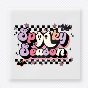 Spooky Season Halloween DTF transfer featuring the phrase Spooky Season with two friendly ghosts and checkerboard accents