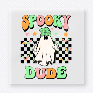 Spooky Dude Halloween DTF transfer featuring the phrase Spooky Dude with a beanie ghost and colorful checker accents