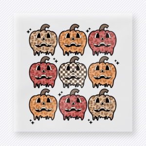 Grunge Jack-o-Lantern Grid Halloween DTF transfer featuring a nine-pumpkin grid with distressed Halloween textures and checkerboard detail