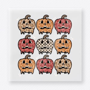 Grunge Jack-o-Lantern Grid Halloween DTF transfer featuring a nine-pumpkin grid with distressed Halloween textures and checkerboard detail