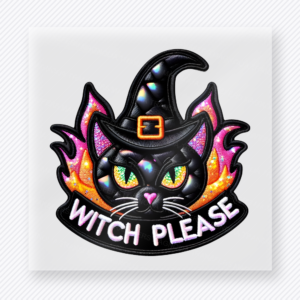 Witch Please Halloween DTF transfer featuring a black cat in a witch hat with the phrase Witch Please in bold spooky styling