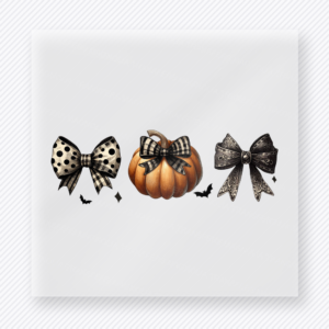 Halloween Bow and Pumpkin Trio Halloween DTF transfer featuring a small Halloween icon trio with bows, a pumpkin, and bat accents