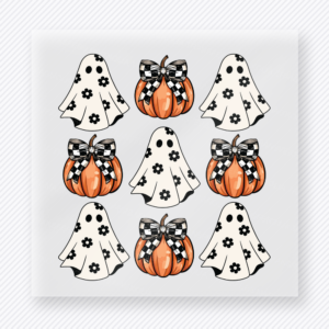 Ghost and Pumpkin Pattern Halloween DTF transfer featuring a repeating pattern of ghosts, pumpkins, and bows in a neutral Halloween palette