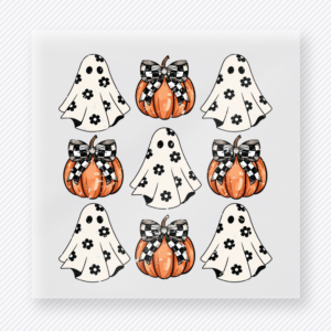 Ghost and Pumpkin Pattern Halloween DTF transfer featuring a repeating pattern of ghosts, pumpkins, and bows in a neutral Halloween palette