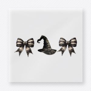 Bows and Witch Hat Trio Halloween DTF transfer featuring three moody Halloween elements featuring bows and a witch hat