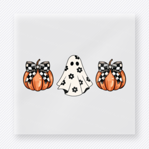 Pumpkin Ghost Trio Halloween DTF transfer featuring a simple trio of pumpkins and a central ghost in a neutral Halloween palette