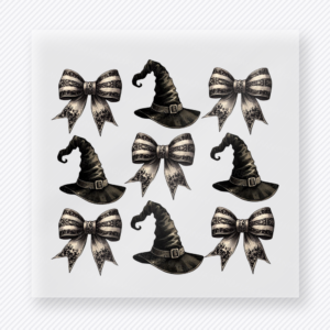 Witch Hat and Bow Pattern Halloween DTF transfer featuring a repeating pattern of bows and witch hats in a neutral Halloween palette