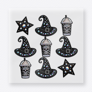 Witch Hat Coffee Pattern Halloween DTF transfer featuring a repeating pattern of witch hats, moon stars, and spooky coffee cups