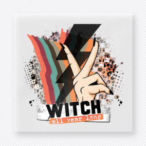 Witch All Year Long Halloween DTF transfer featuring the phrase Witch All Year Long with a peace-sign hand, lightning bolt, and retro stripes