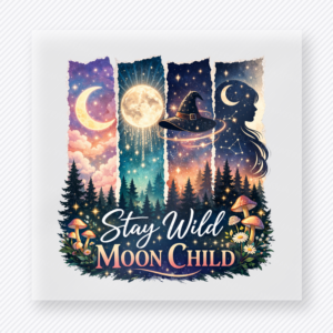 Stay Wild Moon Child Halloween DTF transfer featuring the phrase Stay Wild Moon Child over a colorful forest and celestial night sky