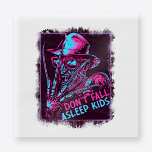 Dont Fall Asleep Kids Halloween DTF transfer featuring a neon horror-style poster with the phrase Dont Fall Asleep Kids and a spooky vintage illustration