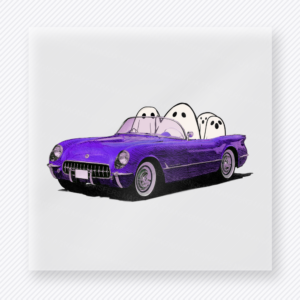 Ghost Convertible Halloween DTF transfer featuring a purple vintage convertible filled with little sheet ghosts