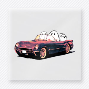 Ghost Convertible Halloween DTF transfer featuring a vintage convertible filled with little sheet ghosts in warm autumn tones