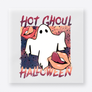 Hot Ghoul Halloween Halloween DTF transfer featuring a cute ghost with glossy lips and the phrase Hot Ghoul Halloween in warm fall colors