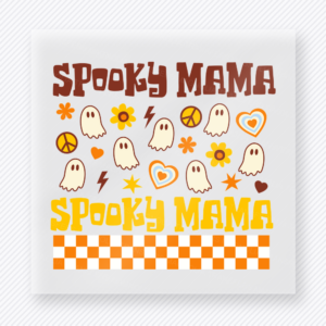 Spooky Mama Halloween DTF transfer featuring the phrase Spooky Mama with ghosts, hearts, checker accents, and little Halloween icons