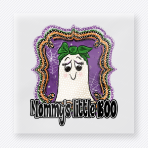 Mommys Little Boo Halloween DTF transfer featuring a sweet ghost portrait in a jeweled frame with the phrase Mommys Little Boo