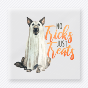 No Tricks Just Treats Halloween DTF transfer featuring a dog dressed like a ghost beside the phrase No Tricks Just Treats