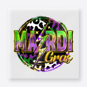 Mardi Gras Lightning Leopard DTF transfer mockup with mardi Gras lettering uses purple, green, gold, lightning-bolt accents, and leopard texture for a bold carnival style.
