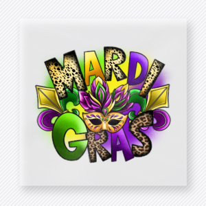 Mardi Gras Floral Mask DTF transfer mockup with mardi Gras lettering is surrounded by a masquerade mask, purple flowers, green accents, and gold shapes for a festive carnival look.