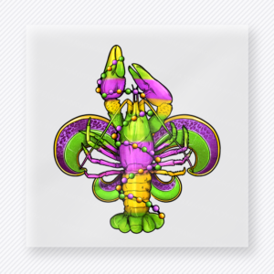 Mardi Gras Crawfish DTF transfer mockup with a purple, green, and gold crawfish illustration creates a playful Louisiana Mardi Gras look.