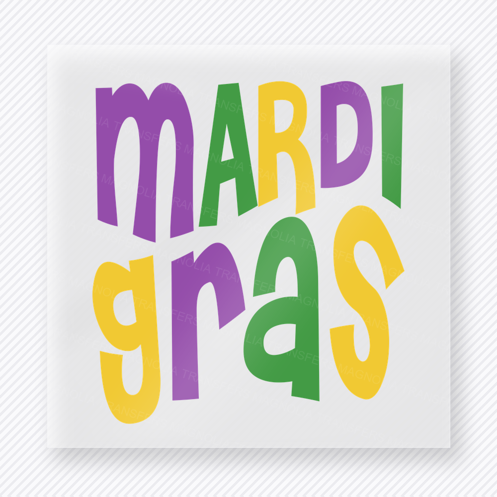 Mardi Gras Colorful Letters DTF transfer mockup with simple Mardi Gras lettering uses rounded purple, green, and gold letters for a bright celebration style.