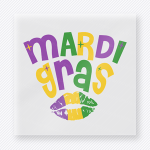 Mardi Gras Lips DTF transfer mockup with mardi Gras lettering pairs with colorful lips in purple, green, and gold for a fun festive look.