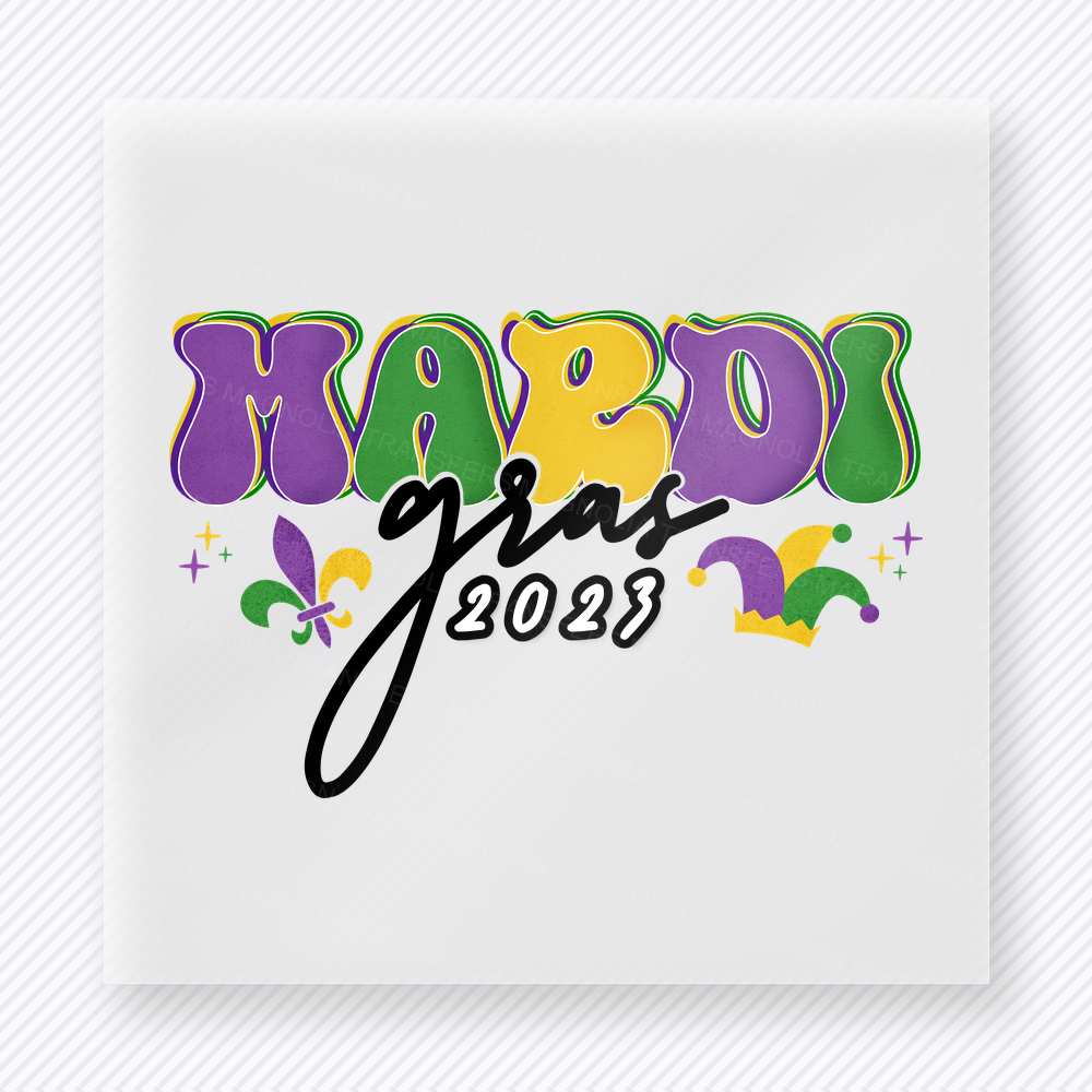 Mardi Gras 2023 Rainbow DTF transfer mockup with mardi Gras 2023 wording uses rainbow colors with small fleur-de-lis and mask accents for a cheerful carnival style.
