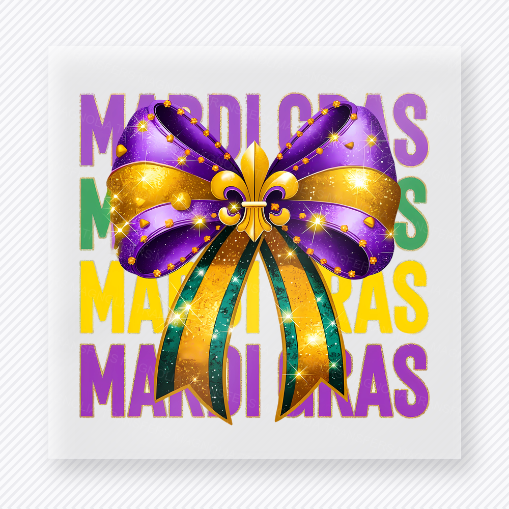 Mardi Gras Bow Pattern DTF transfer mockup with a large purple, green, and gold bow sits over repeated Mardi Gras wording for a bold patterned celebration design.
