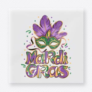 Mardi Gras Mask Florals DTF transfer mockup with mardi Gras lettering appears below a feathered mask with flowers and confetti accents for a bright carnival design.