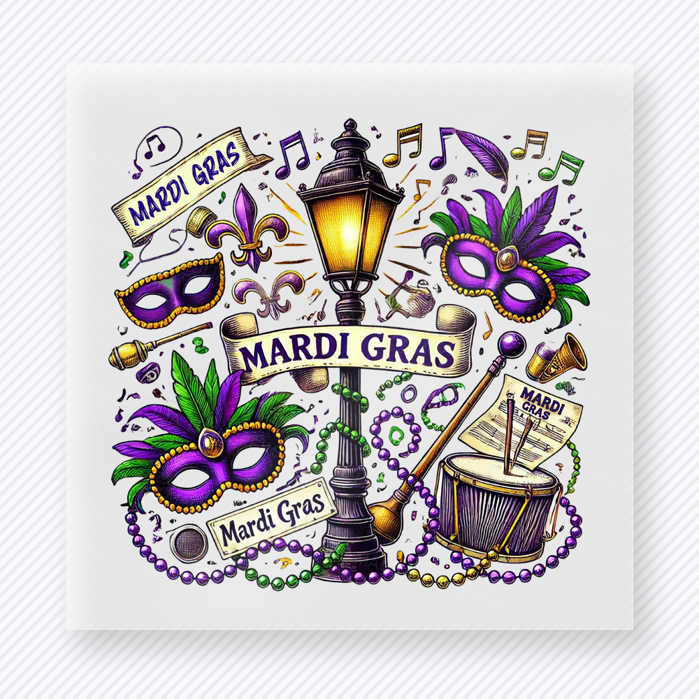 Mardi Gras Music Collage DTF transfer mockup with mardi Gras masks, lanterns, drums, music notes, and parade icons create a detailed carnival collage.
